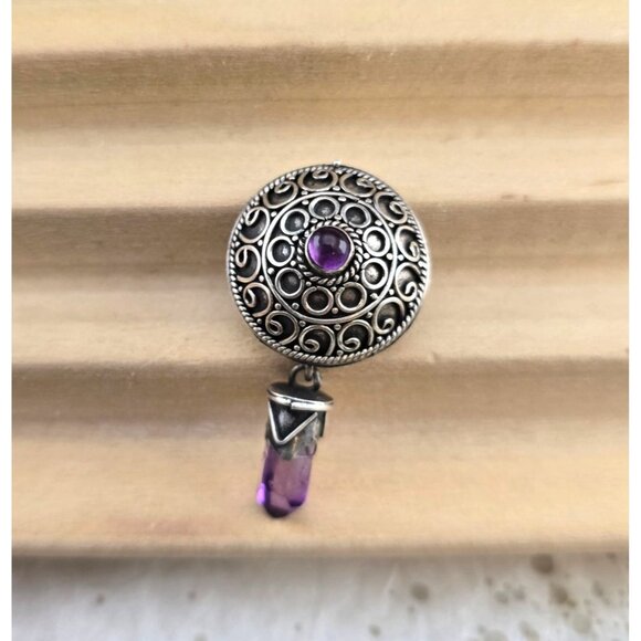 Jewelry - Vintage Sterling Silver 925 Round Pendant Amethyst Gemstone & Dangling Charm